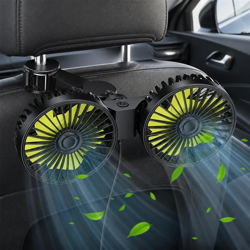 ZOBMIO ▫️ Z0BMIO Ventilador de carro para o banco traseiro de 12 V, com duas cabeças, para encosto de cabeça do carro, ventilador compacto de 12 V, com refrigeração potente e silenciosa, ventilador USB giratório a 360°