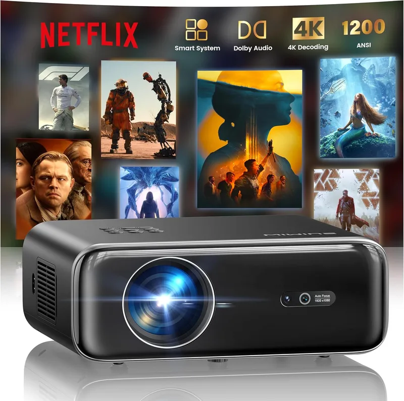 WiMiUS ▫️ Projetor 4K [1400 ANSI/Netflix incluído/Dolby] Projetor 4K portátil inteligente com focagem automática/correção trapezoidal, Wi-Fi, Bluetooth, FHD 1080p, HDR10, Wi-Fi 6, zoom de 50% para cinema em casa/PPT, duas entradas HDMI/USB