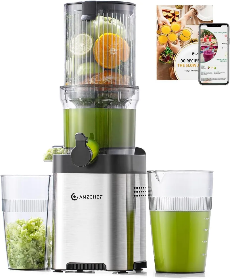 AMZCHEF ▫️ No Preparation 120MM Slow Juicer - Liquidificador Quick Clean Cold Pressed - Extrator Capacidade de 2L para legumes e frutas inteiros [Classe de eficiência energética A+++].