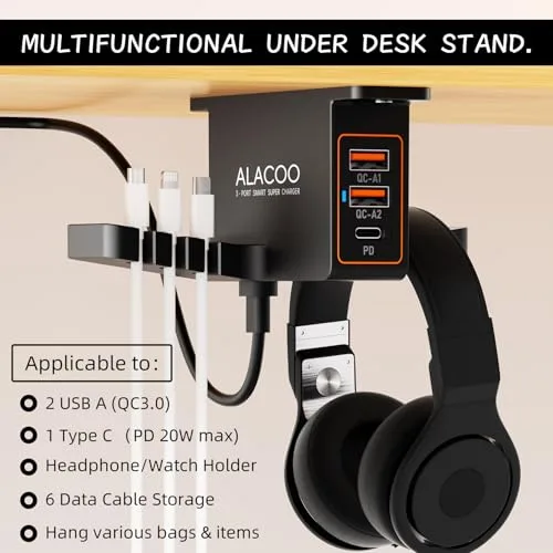 ALACOO ▫️ Suporte para auscultadores com carregador USB debaixo da secretária, suporte para auscultadores com estação de carregamento USB de 3 portas (20 W PD e QC3.0) e iWatch Stand – Base de carregamento dupla para relógios inteligentes 2