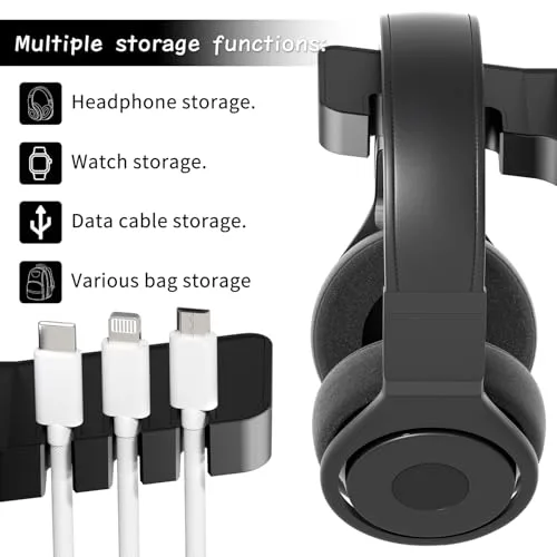 ALACOO ▫️ Suporte para auscultadores com carregador USB debaixo da secretária, suporte para auscultadores com estação de carregamento USB de 3 portas (20 W PD e QC3.0) e iWatch Stand – Base de carregamento dupla para relógios inteligentes 3