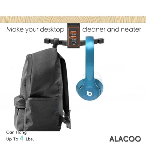 ALACOO ▫️ Suporte para auscultadores com carregador USB debaixo da secretária, suporte para auscultadores com estação de carregamento USB de 3 portas (20 W PD e QC3.0) e iWatch Stand – Base de carregamento dupla para relógios inteligentes 5