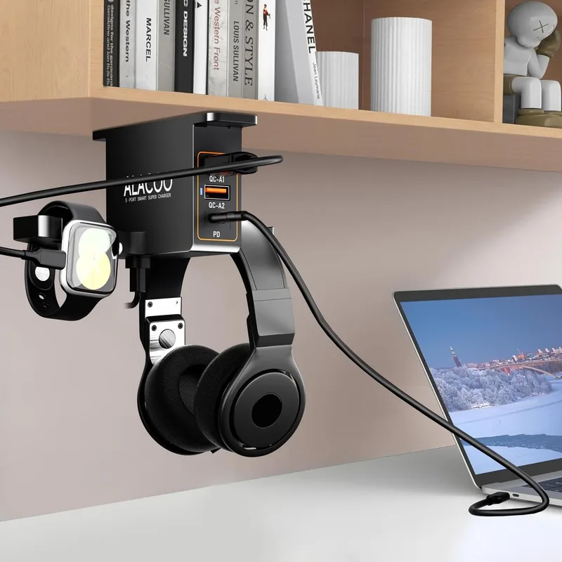 ALACOO ▫️ Suporte para auscultadores com carregador USB debaixo da secretária, suporte para auscultadores com estação de carregamento USB de 3 portas (20 W PD e QC3.0) e iWatch Stand – Base de carregamento dupla para relógios inteligentes