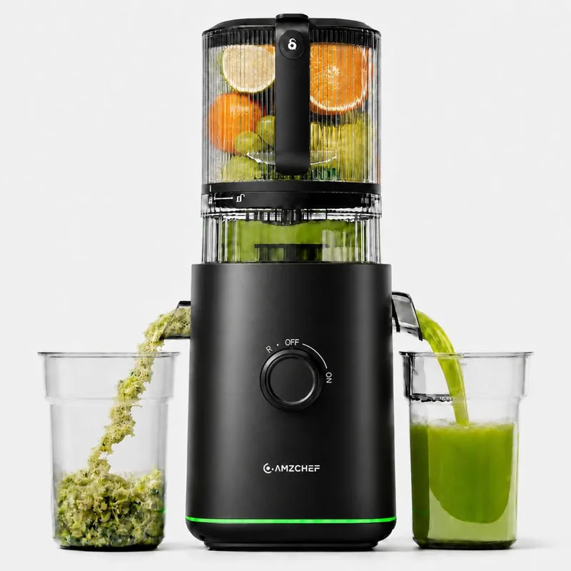 AMZCHEF ▫️ Extrator de sumo de prensagem a frio 600W, espremedor com boca XL de 160 mm, espremedor lento 2,5 L para frutas e legumes inteiros, 2 filtros (sumo, leite vegetal, sorvete), fácil de limpar, preto mate