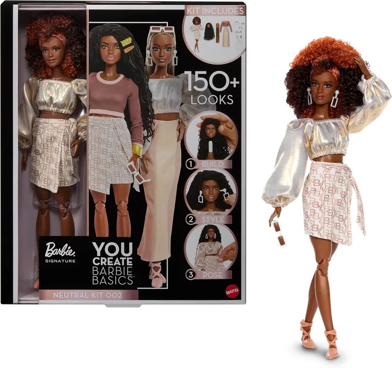 Barbie Basics You Create Neutral Kit 002, conjunto com boneca personalizável, roupa de tamanho universal, corpo articulado e cabeça intercambiável, JJX36