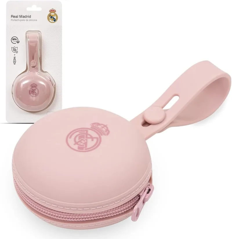 Interbaby ▫️ Porta-chupeta de silicone Real Madrid rosa | Adequado para micro-ondas | Adequado para máquina de lavar louça | Sem BPA
