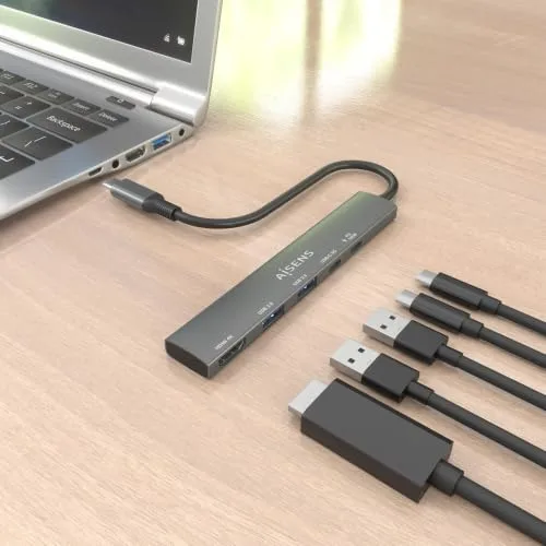 AISENS ▫️ ASUC-5P022-GR - Base USB-C 5 em 1, USB-C para 1xHDMI, 2xUSB-A, 1xUSB-C, 1xUSB-C PD, cinzento, 15 cm 5