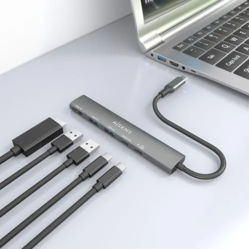 AISENS ▫️ ASUC-5P022-GR - Base USB-C 5 em 1, USB-C para 1xHDMI, 2xUSB-A, 1xUSB-C, 1xUSB-C PD, cinzento, 15 cm 6