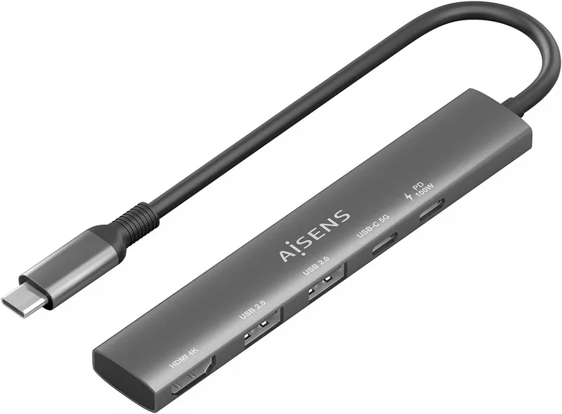 AISENS ▫️ ASUC-5P022-GR - Base USB-C 5 em 1, USB-C para 1xHDMI, 2xUSB-A, 1xUSB-C, 1xUSB-C PD, cinzento, 15 cm