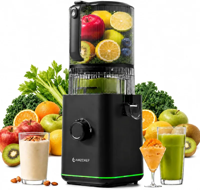AMZCHEF ▫️ Extrator de sumo de 155 mm com tremonha de 2,5 L, prensagem a frio | Extrator lento para frutas e legumes, 2 filtros para sumo, leite vegetal e sorvete, fácil de limpar, silencioso, preto