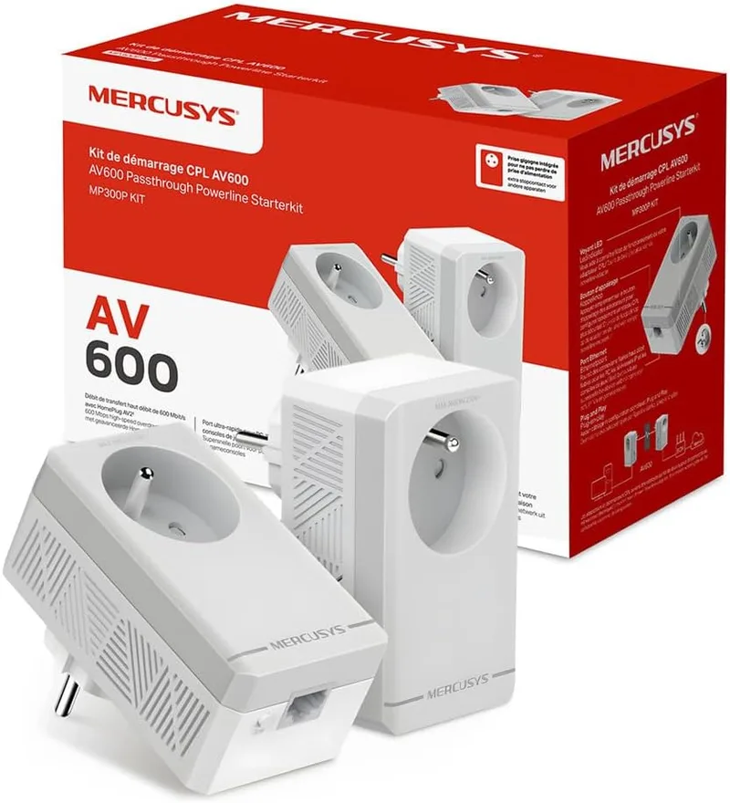 MERCUSYS ▫️ Kit MP300P - Adaptadores AV600 Powerline, kit PLC de 600 Mbps com tomada de alimentação integrada e ficha de passagem, cabo Ethernet incluído