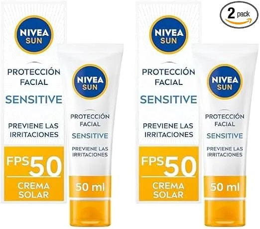 NIVEA ▫️ SUN Sensitive Facial Sunscreen FP 50 (1 x 50 ml), protetor solar facial para peles sensíveis, sem perfume, protetor solar 50 com 0% de sensação pegajosa (Embalagem de 2)