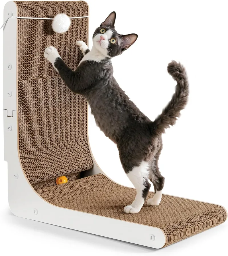 Gimars ▫️ 47 cm L-Shaped Thick Cat Scratcher, Scratching Board with Plush Balls and Catnip, Large Wall-Mounted Cardboard Scratcher, Toys to Protect Furniture
