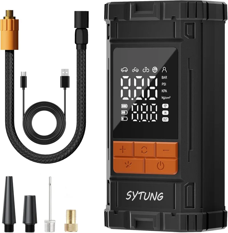 SYTUNG ▫️ Compressor de ar portátil de 150 PSI, compressor de ar sem fios recarregável para pneus, com ecrã digital e luz LED, para pneus de automóvel e outros produtos insufláveis
