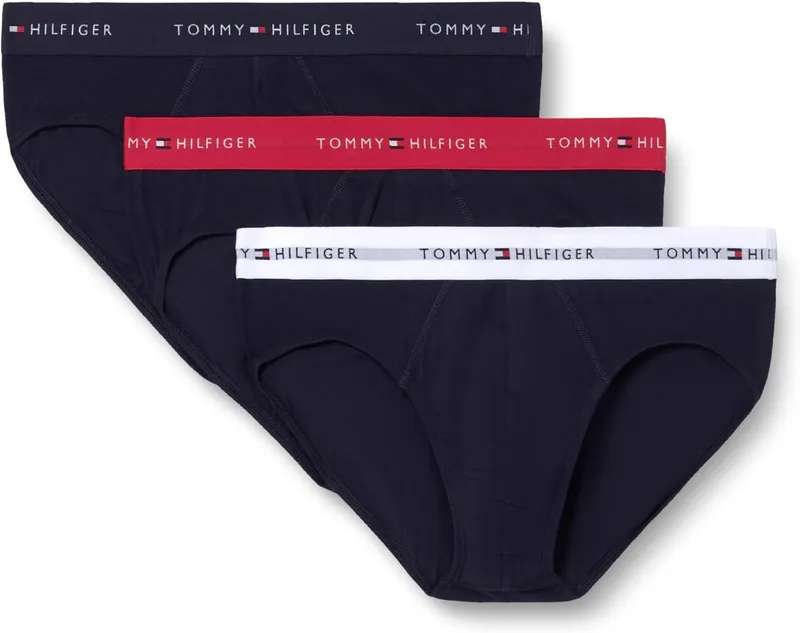 Tommy Hilfiger ▫️ Premium Essentials - Conjunto de 3 cuecas de algodão elástico, cor azul-marinho com verde-oliva escuro, cinzento-claro e cinzento-glaciar, multicolorido (vermelho primário/branco/azul-celeste do deserto), XS