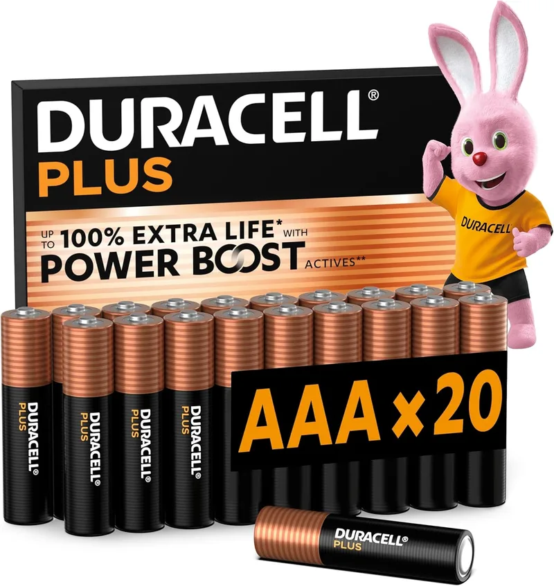 Duracell ▫️ Pilhas Plus AAA (20 unidades) - Pilhas alcalinas de 1,5 V - Até 100% de vida útil extra com Active Power Boost - Fiabilidade para aparelhos de uso diário - 0% de embalagem de plástico-MN2400