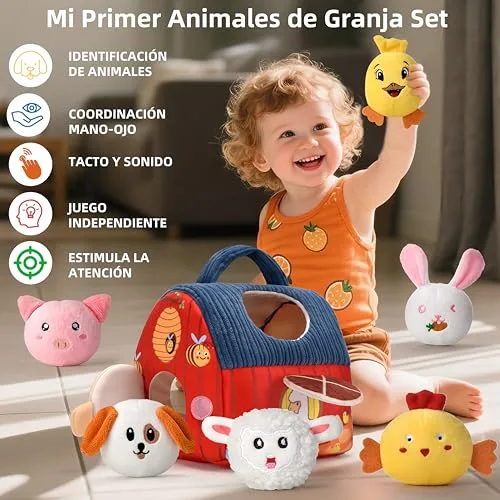 VORENUS ▫️ Brinquedo Montessori para bebés dos 6 aos 12 meses, conjunto de quinta em tecido macio com 6 animais - Brinquedo sensorial com celeiro, chocalhos, tecido franzido, espelho, jogos educativos e de motricidade para crianças 2