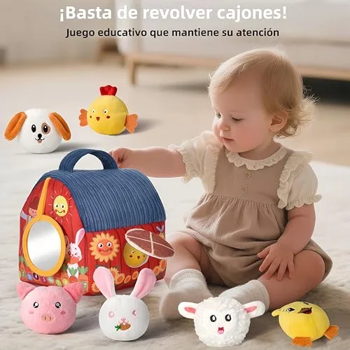 VORENUS ▫️ Brinquedo Montessori para bebés dos 6 aos 12 meses, conjunto de quinta em tecido macio com 6 animais - Brinquedo sensorial com celeiro, chocalhos, tecido franzido, espelho, jogos educativos e de motricidade para crianças 4