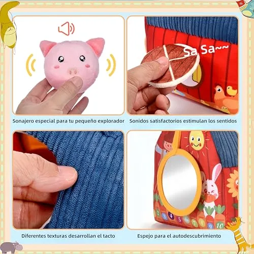 VORENUS ▫️ Brinquedo Montessori para bebés dos 6 aos 12 meses, conjunto de quinta em tecido macio com 6 animais - Brinquedo sensorial com celeiro, chocalhos, tecido franzido, espelho, jogos educativos e de motricidade para crianças 5