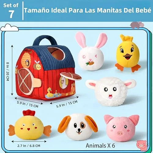 VORENUS ▫️ Brinquedo Montessori para bebés dos 6 aos 12 meses, conjunto de quinta em tecido macio com 6 animais - Brinquedo sensorial com celeiro, chocalhos, tecido franzido, espelho, jogos educativos e de motricidade para crianças 6