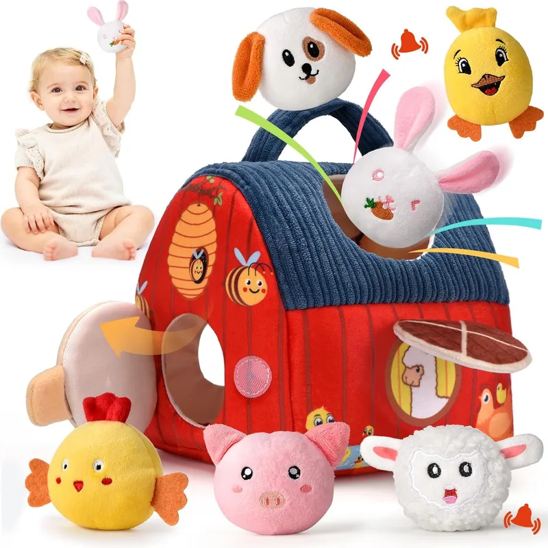 VORENUS ▫️ Brinquedo Montessori para bebés dos 6 aos 12 meses, conjunto de quinta em tecido macio com 6 animais - Brinquedo sensorial com celeiro, chocalhos, tecido franzido, espelho, jogos educativos e de motricidade para crianças