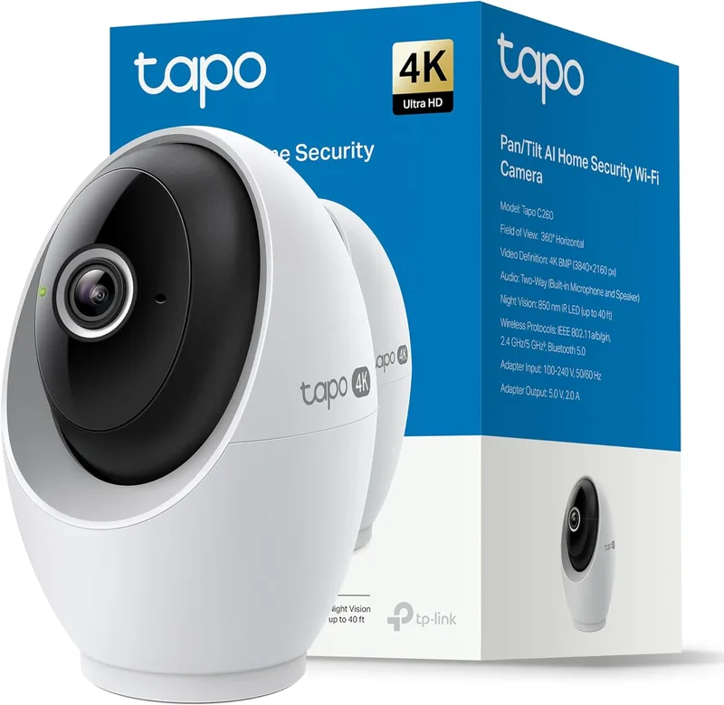 Tapo ▫️ C260 - Câmara de vigilância WiFi interior, segurança doméstica, 4K 8MP 360°, deteção de IA, gravação local/nuvem, privacidade física, zoom de 18x, rastreio, áudio bidirecional, microSD