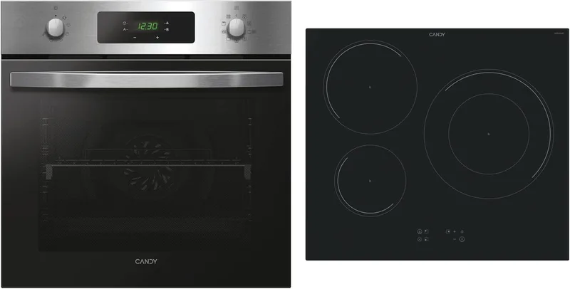 CANDY ▫️ Pack Placa de indução + Forno multifunções 70L, Limpeza pirolítica e hidrolítica, Placa de 3 zonas e Booster