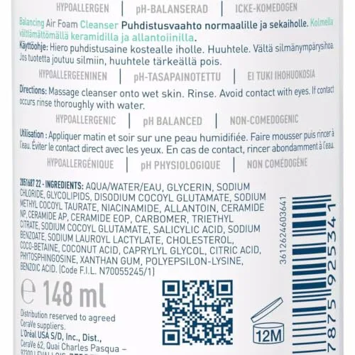 CeraVe ▫️ Espuma de limpeza equilibrante e produto de limpeza facial em espuma para peles normais e mistas 2