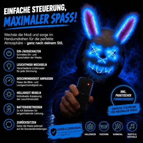 TK Gruppe Timo Klingler ▫️ Máscara LED de Halloween ao estilo «Purge», iluminação regulável e rosto luminoso – Fato para homens e mulheres para o Halloween e o carnaval (várias cores à escolha) 5