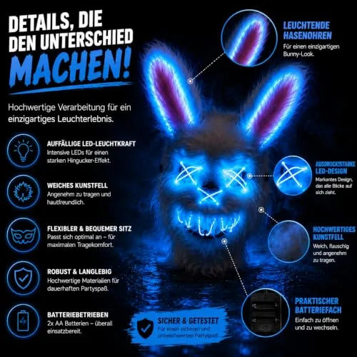 TK Gruppe Timo Klingler ▫️ Máscara LED de Halloween ao estilo «Purge», iluminação regulável e rosto luminoso – Fato para homens e mulheres para o Halloween e o carnaval (várias cores à escolha) 6