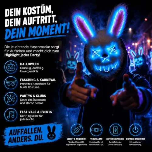 TK Gruppe Timo Klingler ▫️ Máscara LED de Halloween ao estilo «Purge», iluminação regulável e rosto luminoso – Fato para homens e mulheres para o Halloween e o carnaval (várias cores à escolha) 7