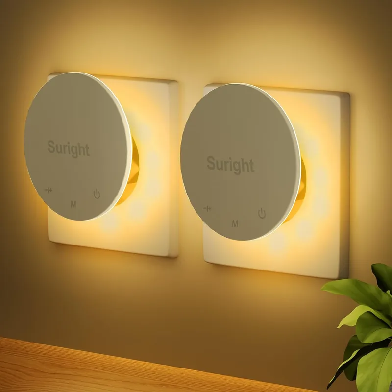 Suright ▫️ Luz nocturna com sensor de movimento, luz nocturna para crianças de 2 peças com branco quente, 3 modos, brilho ajustável, controlo tátil, luz nocturna para crianças, corredores, escadas e quartos