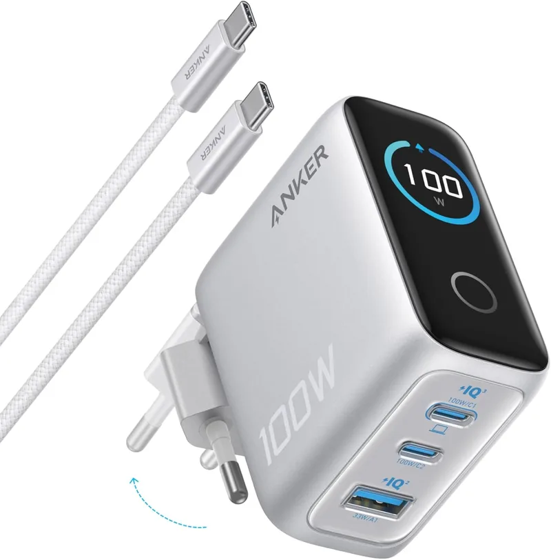 Anker ▫️ Carregador de carregamento rápido USB-C de 100 W com 3 portas GAN