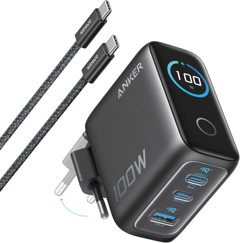 Anker ▫️ Carregador de Carregamento Rápido USB-C de 100 W com 3 Portas GAN | Ecrã inteligente, controlo tátil, compatível com MacBook, iPad, iPhone 17, 16 e 15