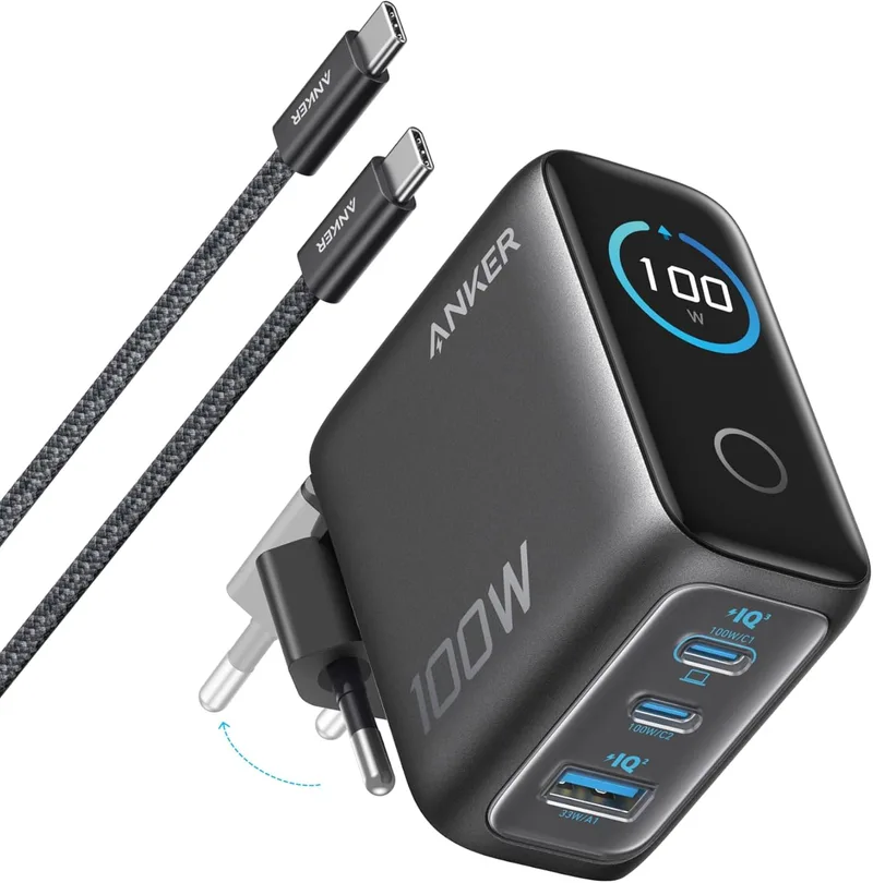 Anker ▫️ Carregador de carregamento rápido USB-C de 100 W com 3 portas GAN