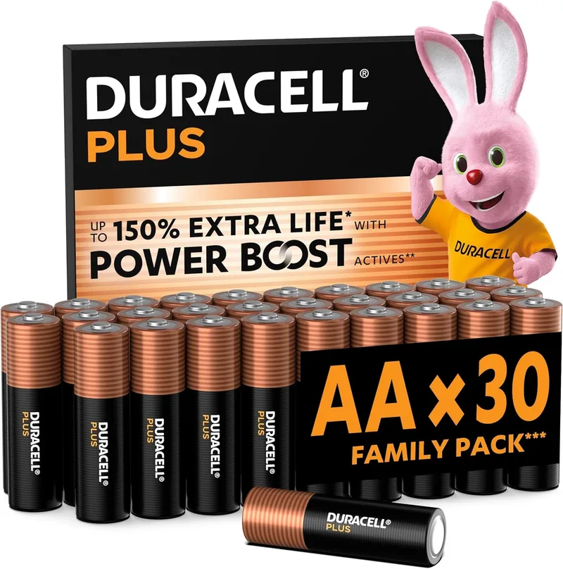 Duracell ▫️ Pilhas Plus AA (30 unidades) - Pilhas alcalinas de 1,5 V - até 150% de vida útil extra com Active Power Boost - Fiabilidade para aparelhos de uso diário - 0% de embalagem de plástico-MN1500