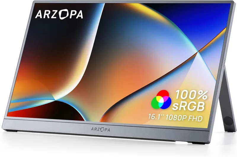 ARZOPA ▫️ Monitor para computador portátil 16,1" FHD 1080P, Ecrã para computador portátil IPS 100% sRGB com suporte ajustável Suporte HDMI/Type-C/USB-C para computador portátil/PC/Mac/PS5/Xbox - Z1C Cinzento