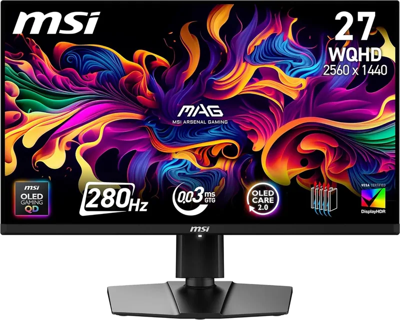 MSI ▫️ Monitor para jogos mag 271QP QD-OLED X28 de 27 polegadas WQHD, painel OLED de pontos quânticos 2560 x 1440, 280 Hz, 0,03 ms, DisplayHDR True Black 400, inclinação, altura ajustável,