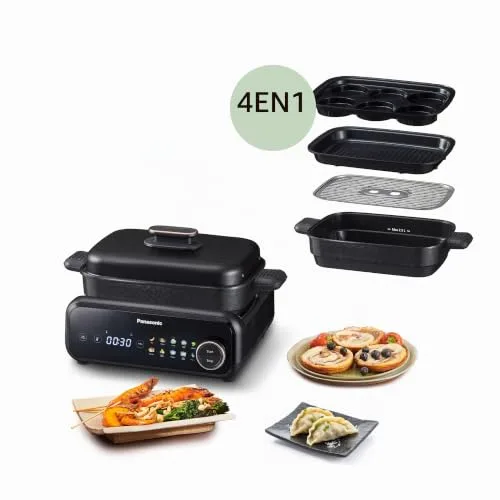 Panasonic ▫️ NF-GM400 Multi Cooker 4 em 1, Grelhador Elétrico, Fritar, Cozedura Lenta, Churrasco, Cozedura a Vapor, Saltear, 1400 W, 40-250 °C, 9 modos automáticos, exaustor, tabuleiros laváveis na máquina de lavar louça 3