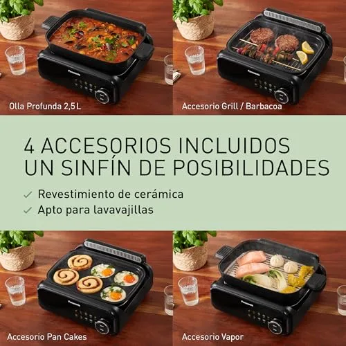 Panasonic ▫️ NF-GM400 Multi Cooker 4 em 1, Grelhador Elétrico, Fritar, Cozedura Lenta, Churrasco, Cozedura a Vapor, Saltear, 1400 W, 40-250 °C, 9 modos automáticos, exaustor, tabuleiros laváveis na máquina de lavar louça 5