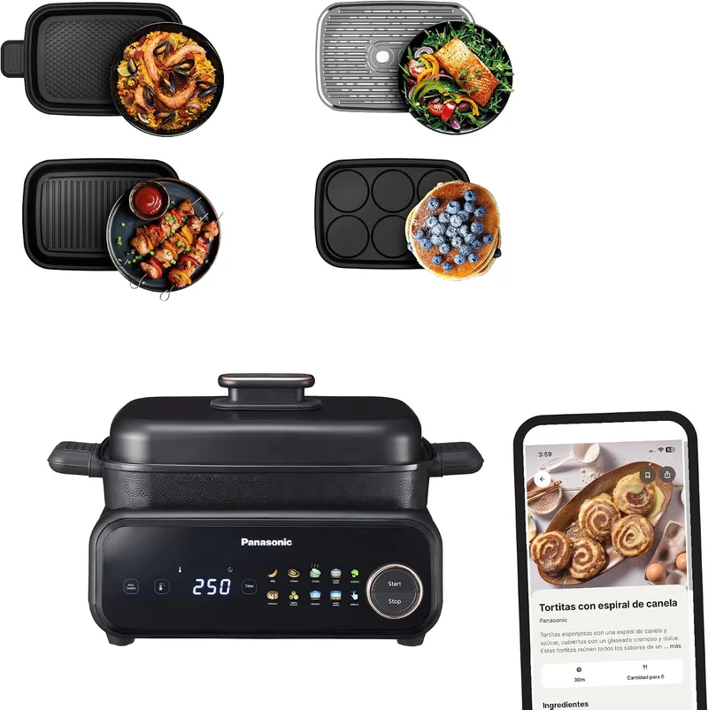 Panasonic ▫️ NF-GM400 Multi Cooker 4 em 1, Grelhador Elétrico, Fritar, Cozedura Lenta, Churrasco, Cozedura a Vapor, Saltear, 1400 W, 40-250 °C, 9 modos automáticos, exaustor, tabuleiros laváveis na máquina de lavar louça