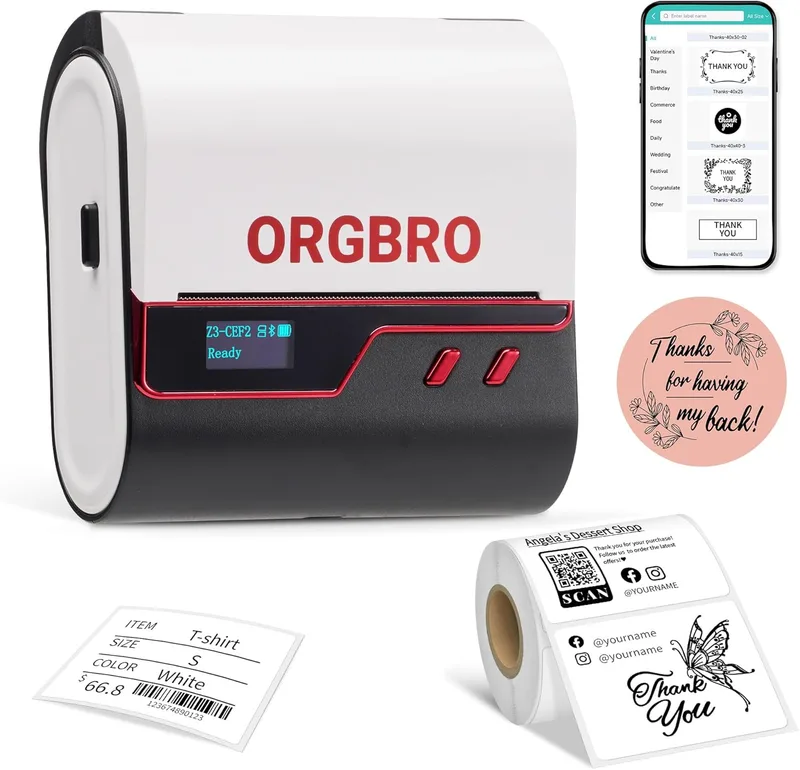 ORGBRO ▫️ Z3 Etiquetadora Impressora de Etiquetas Autocolantes Térmica Impressora de Autocolantes Máquina de Etiquetas para Joalharia, Supermercados e Pequenas Empresas, com 1 rolo de etiquetas brancas de 50x30 mm e vermelhas