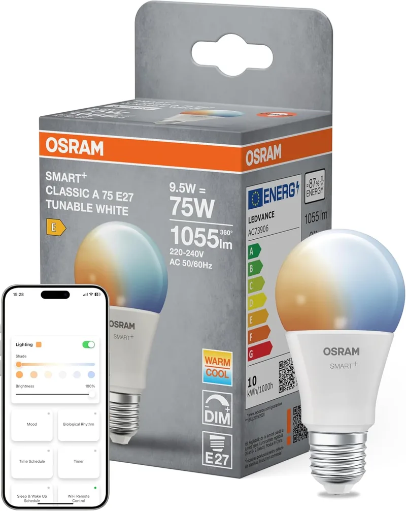 OSRAM ▫️ Lâmpada LED SMART+ A75, formato de lâmpada E27, luz branca regulável, controlável através de aplicação e voz, compatível com Matter, 9,5 W, 2700-6500 K, Wi-Fi