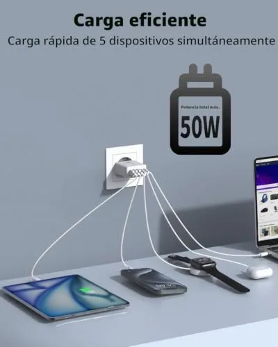 KINPEE ▫️ Carregador USB-C de 50 W, 5 portas – Carregador USB-C com múltiplas tomadas 5