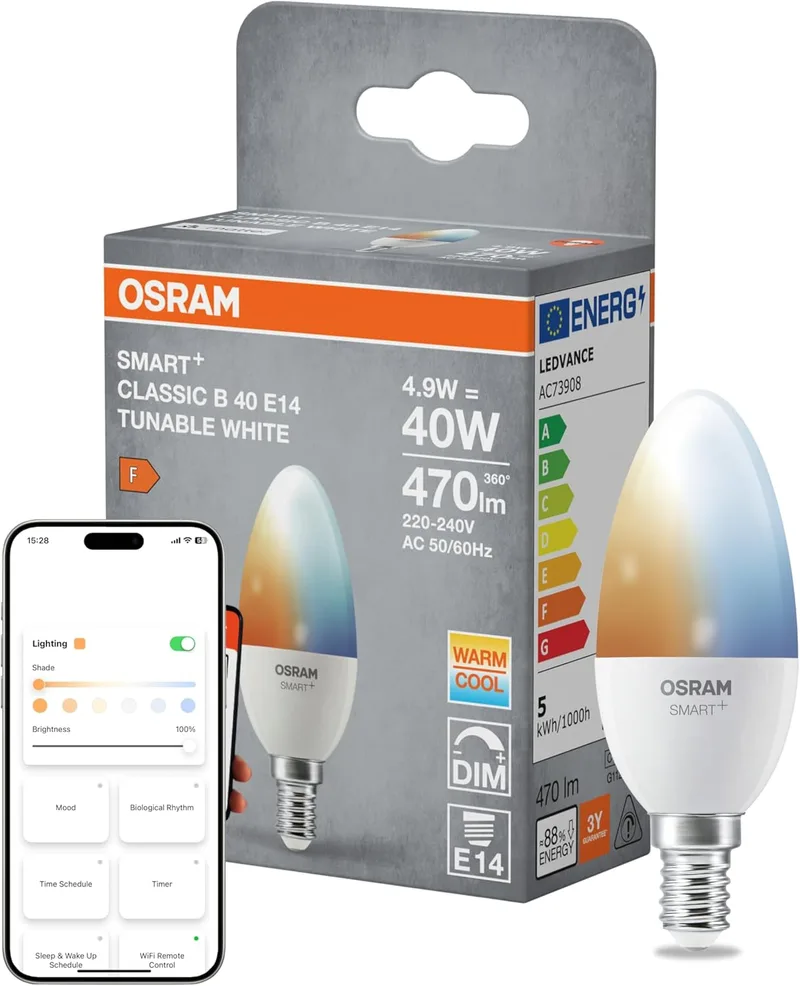 OSRAM ▫️ Lâmpada LED SMART+ B40 em forma de vela E14, Tunable White, controlada por app e voz, regulável, compatível com Matter, branco quente a frio
