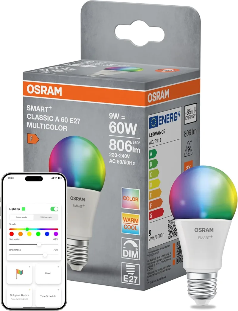 OSRAM ▫️ Lâmpada LED SMART+ Mate A60 com casquilho E27 RGBW | SMART+ MATTER Multicolor Classic, Lâmpadas LED, branca, 60 mm de diâmetro, 20 000 h, Embalagem de 1