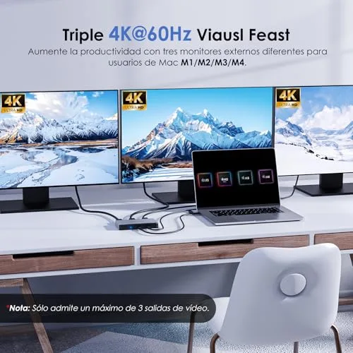 WAVLINK ▫️ Adaptador para três monitores para sistemas macOS M1/M2/M3/M4. Portas Type-C e A, entrada PD de 100 W, 3 portas HDMI e 2 portas DP disponíveis, triplo 4K a 60 Hz, requer controlador SMI e host USB 3.2 Gen 2 2