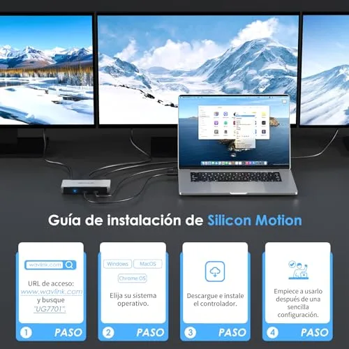 WAVLINK ▫️ Adaptador para três monitores para sistemas macOS M1/M2/M3/M4. Portas Type-C e A, entrada PD de 100 W, 3 portas HDMI e 2 portas DP disponíveis, triplo 4K a 60 Hz, requer controlador SMI e host USB 3.2 Gen 2 5