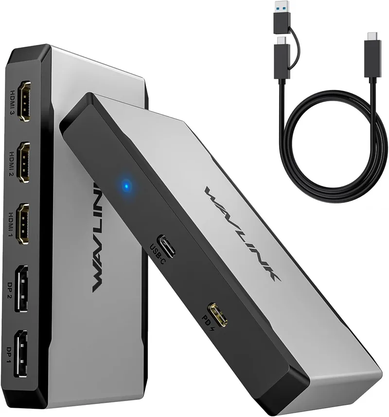 WAVLINK ▫️ Adaptador para três monitores para sistemas macOS M1/M2/M3/M4. Portas Type-C e A, entrada PD de 100 W, 3 portas HDMI e 2 portas DP disponíveis, triplo 4K a 60 Hz, requer controlador SMI e host USB 3.2 Gen 2
