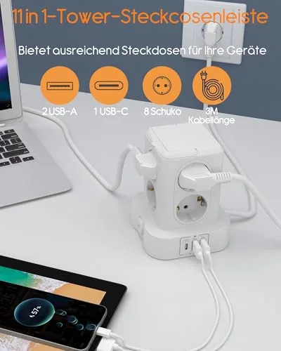 U-PTYTM ▫️ Extensão com proteção contra sobretensão, 3680 W, 16 A, com 8 tomadas Schuko e 3 portas USB, com cabo de extensão de 3 m, centro de distribuição para o lar 2
